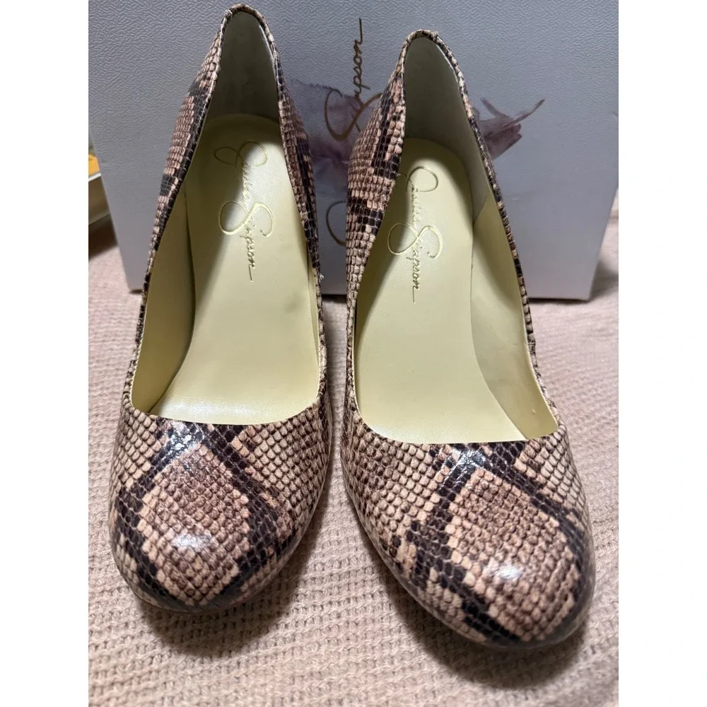 Jessica Simpson Snakeskin Print Almond Toe Stiletto Pumps Tan Brown 9M - Picture 2 of 5